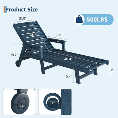 Garvee Lounge Chair Outdoor with Wheels & 5-Position Adjustable Backrest, Oversized Chaise Lounge with 2 Move Handle, HDPE Outdoor Lounge Chair w/Detachable Cup Holder, for Patio, Pool,Navy Blue