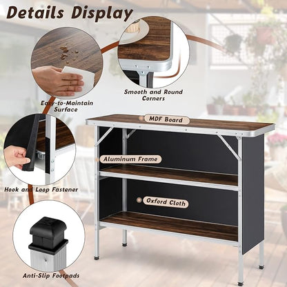 Giantex Portable Bar Table for Events, Folding Mobile Bartending Station with Storage Shelves, Removable Privacy Skirt, Carrying Case, for Parties, Catering, Trade Shows (Coffee, 43.5''L x 34.5''H)