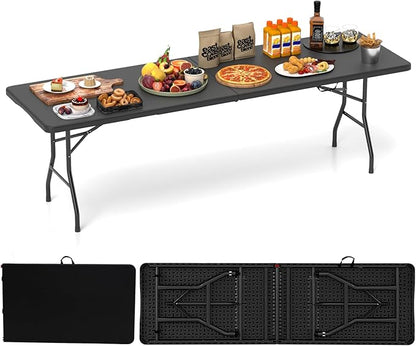 Tangkula 8 FT Folding Table, Indoor Outdoor Foldable Plastic Table | HDPE Tabletop, Sturdy Metal Fame, Carrying Handle, Heavy Duty, Portable ,Fold-in-Half, for Picnic, Camping, BBQ, Party