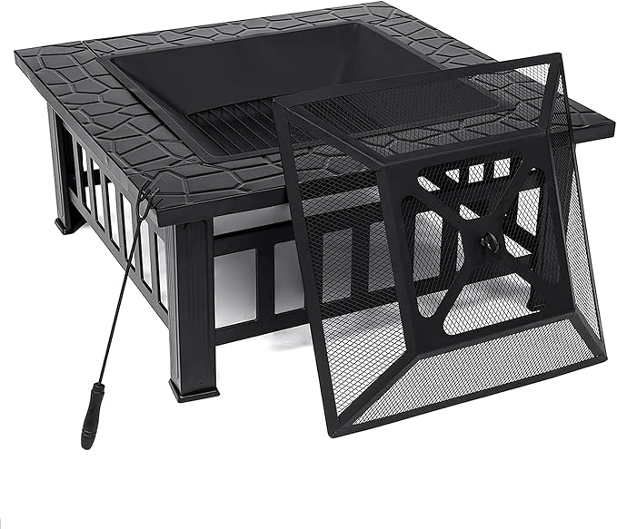 Anraja Fire Pit 32" Wood Burning Firepit Metal Square Outdoor Fire Tables Steel BBQ Gril Fire Pit Bowl withSpark Screen Cover, Poker Log Grate for Patio Bonfire Camping Backyard Garden Picnic1