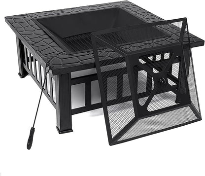 Anraja Fire Pit 32" Wood Burning Firepit Metal Square Outdoor Fire Tables Steel BBQ Gril Fire Pit Bowl withSpark Screen Cover, Poker Log Grate for Patio Bonfire Camping Backyard Garden Picnic1