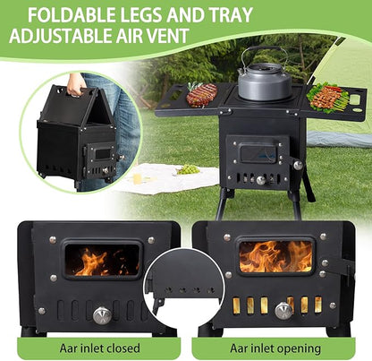 Wood Burning Camping Stove, Portable Cast Iron BBQ Grill Outdoor Cooking with Chimney Pipe, Black Wood Stove for Outdoor Cooking, Camping, Heating, Bonfire & Picnic