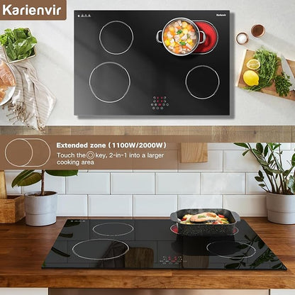 30 Inch Electric Cooktop Built-in Electric Stove Top, 4 Burner Electrics Stove 6400W, Touch Control, Extended Zone, Timer, Safety Lock, Pause, 220-240v, Hard Wire