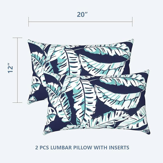 LVTXIII Set of 2 Patio Lumbar Pillows, 12”x20” Fade Resistant Outdoor Lumbar Pillow with Inners, Fluffy Decorative Garden Lumbar Cushions for Home Patio Coach Sofa Use, Baltic Palms White