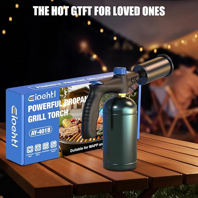 Propane torch with Ergonomic handle, One-Touch Ignition, Adjustable Flame, Propane torch gun with One-Piece Safety Design Ideal for Grill & Cooking, Sous Vide, Searing Steak, BBQ, Campfire Starter