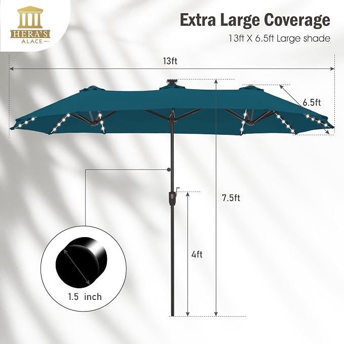 HERA'S PALACE 13 ft Patio Umbrella with 120 LED Solar Lights Double Sided Outdoor Umbrella for Patio 8 Colors Changing Table Umbrella for Garden Pool, Cerulean