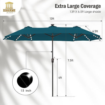HERA'S PALACE 13 ft Patio Umbrella with 120 LED Solar Lights Double Sided Outdoor Umbrella for Patio 8 Colors Changing Table Umbrella for Garden Pool, Cerulean