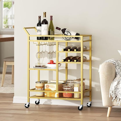 MAHANCRIS Bar Cart for Home, 3-Tier Serving Cart with Glass Top, Beverage Cart with Wine Rack and Glass Holder, Drink Cart with Wheels, for Dining Room, Living Room, Gold and White RCJM71B01