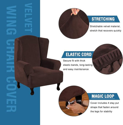 H.VERSAILTEX Wingback Chair Covers Velvet Plush Wing Chair Slipcover 1 Piece High Stretch Wing Back Chair Slipcovers Sofa Cover Furniture Cover with Elastic Bottom, Brown