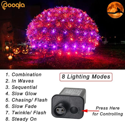 Pooqla Orange and Purple Halloween Net Lights Outdoor, 15x 5ft Green Wire | 300 LED Large Net Mesh Lights Plug in, 8 Modes Waterproof Connectable Bushes Lights for Halloween Hedge Yard Decor