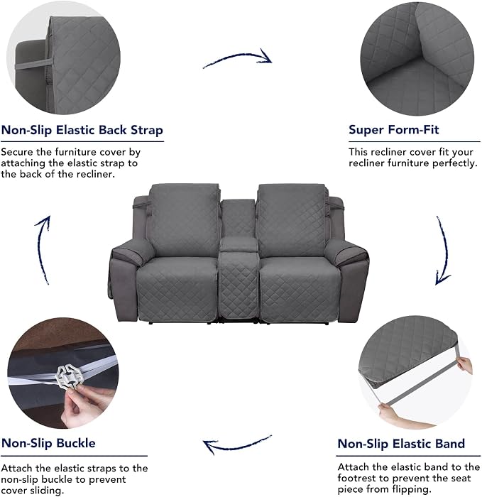 PureFit Water Resistant Reversible Loveseat Recliner Couch Cover for Double with Console – Non Slip Split Sofa Cover, Washable Reclining Cover for 2 Seat Recliner (2 Seat, Gray/Light Gray) | Double with Console, Non Slip Split Sofa Cover, Washable Recl...
