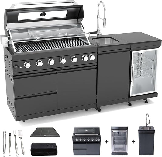Outdoor Kitchen Island, 82 Inch 6 Burner Propane Gas Grill Combination With Refrigerator and Sink, Outdoor Stainless Steel Barbecue Bar, 85000 BTU Propane Grill for Patios, Gardens, Parties
