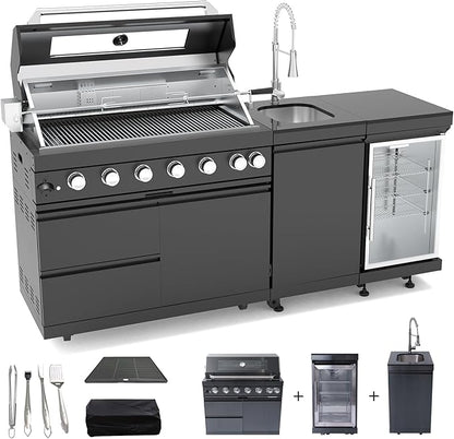 Outdoor Kitchen Island, 82 Inch 85000 BTU Gas Grill Combination With Refrigerator and Sink, Outdoor Stainless Steel Barbecue Bar, Natural Gas Barbecue Grill for Patios, Gardens, Parties