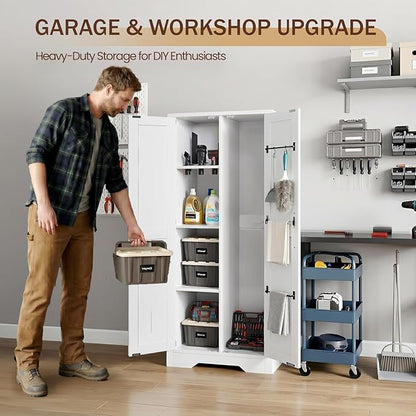 NORTHSKY Wooden Storage Cabinet, 55" Broom Closet & Vacuum Cleaner Holder Compatible with Dyson, Utility Cabinet for Brooms & Mops, Cleaning Cabinet w/Doors for Garage,Laundry,Mudroom,Home Office