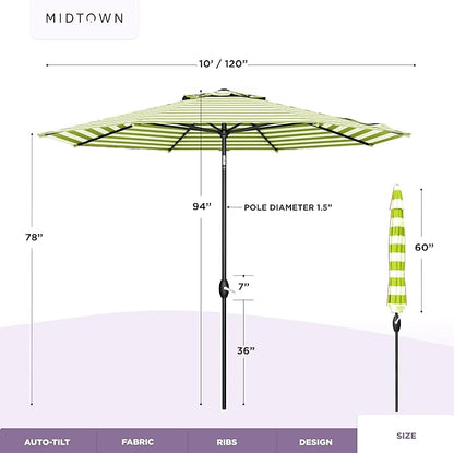 Midtown Umbrellas - 10-Year-No-Fade 10 Ft Patio Umbrella with Terylast Fabric, Auto-Tilt Aluminum Frame and 8 Reinforced Ribs for Deck, Pool, Garden & Beach - Green/White Stripes Canopy, Black Pole
