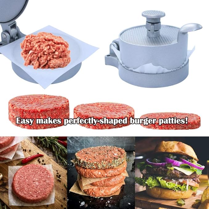 laffeya Burger Press, Hamburger Maker with 50 Non Stick Patty Papers, Adjustable Burger Press Makes 4 1/2" Patties, 1/4Lb to 3/4Lb (Burger Press with Paper)