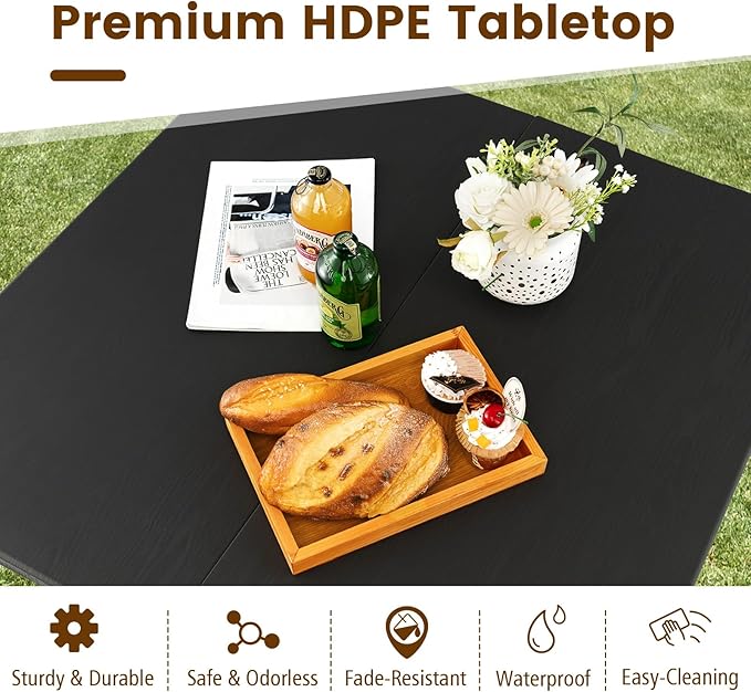 Tangkula 34" Folding Table, Portable Picnic Table with All-Weather HDPE Tabletop, Heavy-Duty Metal Frame, Carry Handle, Fold-in-Half Plastic Outdoor Table for Camping, Dining, BBQ, No Assembly Needed