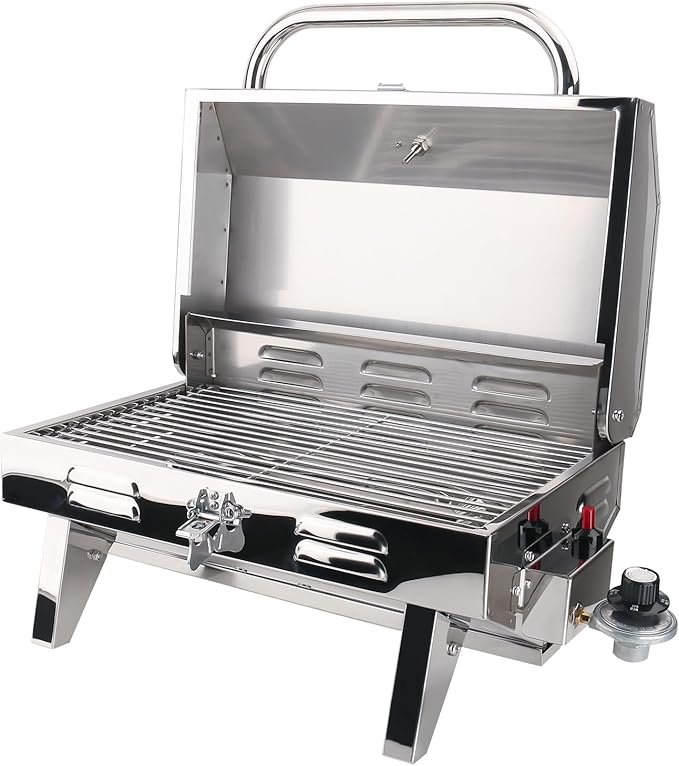 Boat Grill, 304 Stainless Steel Marine Grills w/Rod Holder Mount, Heat-Resistant Handle, Portable Propane BBQ for Boats & Tailgating & Camping, Built in Thermometer