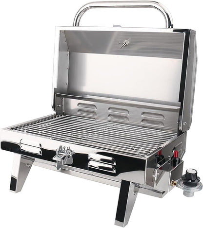 Boat Grill, 304 Stainless Steel Marine Grills w/Rod Holder Mount, Heat-Resistant Handle, Portable Propane BBQ for Boats & Tailgating & Camping, Built in Thermometer