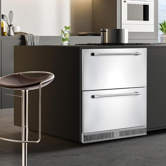 24 Inch Refrigerators, 5.12 Cu.Ft Under Counter Refrigerator with Removable Inside Basket, Built-In and Freestanding Refrigerator, Waterproof,Dual Drawer,Fingerprint Resistant, Stainless Steel, Black