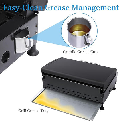 Portable Flat Top Griddle – Tabletop Teppanyaki Gas Grill, 3-Burner Gas Griddle 30,000 BTU, Stainless Steel Griddle Plate + Cast Iron Grates, Large Cooking Area for Camping, Tailgate, Backyard