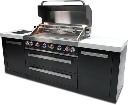 Mont Alpi MAi805-BSS Outdoor Kitchen Island Grill - 6 Burner Black Stainless Steel | 44 Inch | Side Burner, Granite Countertops, Rotisserie & Cover
