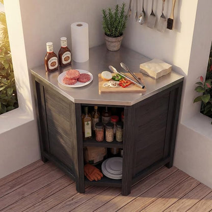 MOUMON Corner Patio Kitchen Storage Cabinet with Stainless Steel Countertop, Solid Cedar Patio Prep Table for Grilling, Outdoor Cooking Station, Dark Grey 35.4”W x 35.4”D x 37.4”H