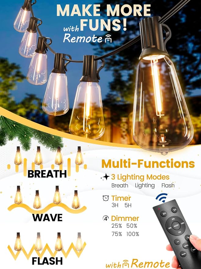 100FT Outdoor String Lights with Remote & Dimmer, Waterproof Patio Lights Commercial Grade ST38 LED - Shatterproof Edison Bulbs, Vintage Hanging Lighting for Backyard Garden Party