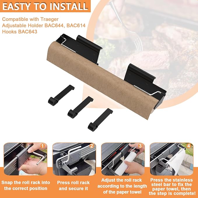 BAC644 Paper Towel Roll Holder for Traeger Grills P.A.L. Pop-And-Lock Roll Rack, Traeger Ironwood, Timberline, Flatrock Grills, BAC614 Adjustable Holder &BAC643 Hook for Traeger Pal Accessories