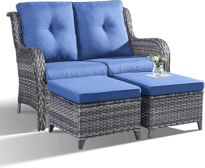 Outdoor Loveseat Sofa - 3 Piece Patio Furniture with Ottoman Deep Seating Patio Couch for Porch Deck Garden Backyard - Grey/Blue
