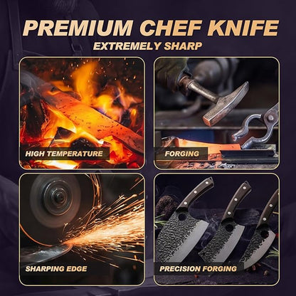 Butcher Knife Set 3PCS, Hand Forged Serbian Chef Knife & Meat Cleaver & Viking Knife, Food Cutting Kitchen Knife for Home, Outdoor Cooking, Camping BBQ Gift for Men
