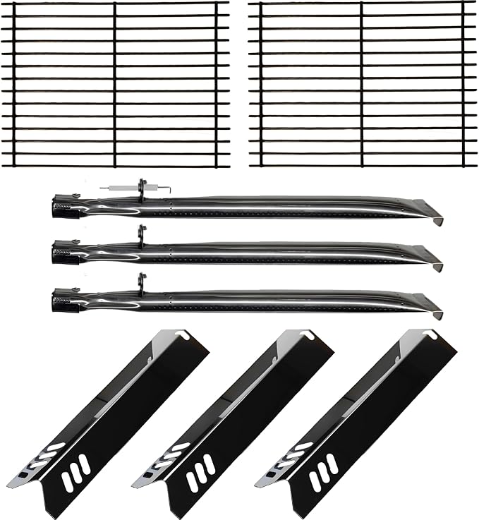 Master Cook 3 Burner Grill Repair Kit - Set of Two Porcelain Coated Cooking Grid,Three Porcelain Steel Replacement Heat Plates & 3 Stainless Steel Burners for Master Cook 3 Burner Grill Model