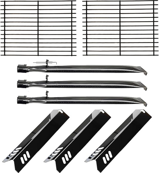 Master Cook 3 Burner Grill Repair Kit - Set of Two Porcelain Coated Cooking Grid,Three Porcelain Steel Replacement Heat Plates & 3 Stainless Steel Burners for Master Cook 3 Burner Grill Model
