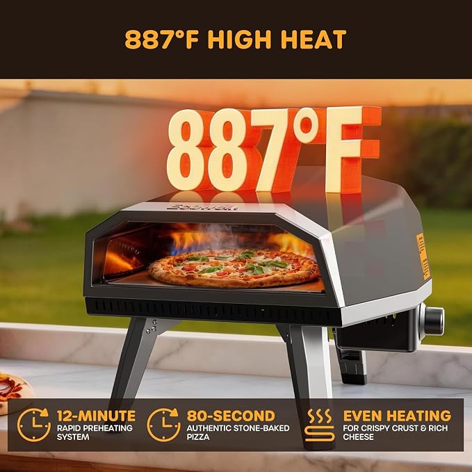 ECOWELL 12" Outdoor Gas Pizza Oven Propane, Cooks 12 Inch Pizzas in 80 Secs | Portable Pizza Oven with Gas Hose & Regulator, Pizza Stone, Peel, Cutter, Infrared Thermometer, Propane Grill Reaches 930°F