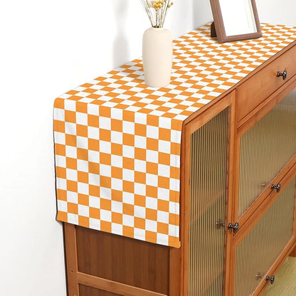 Orange White Checkered Table Runner Fall Thanksgiving Harvest Checkerboard Decoration for Wedding Birthday Bridal Baby Shower Christmas Home Party Kitchen Island Decor 13" x 72"