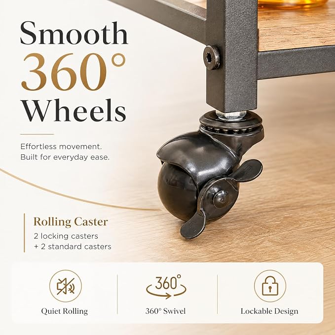 Bar Cart with Wheels, Wine & Liquor Cart for Home | Rolling Serving Cart for liquor, 3 Tier Beverage Cart with Wine Rack and Glass Holder, Rustic Oak