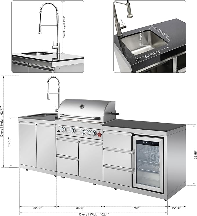 102" Outdoor Kitchen Island with Grill, 4-Burner 59,500 BTU Propane BBQ Island, Refrigerator, Sink with Trash Can Holder & 3-Drawer Cabinet, for Backyard and Patio Cooking, Silver