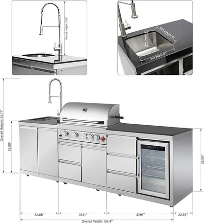 102" Outdoor Kitchen Island with Grill, 4-Burner 59,500 BTU Propane BBQ Island, Refrigerator, Sink with Trash Can Holder & 3-Drawer Cabinet, for Backyard and Patio Cooking, Silver
