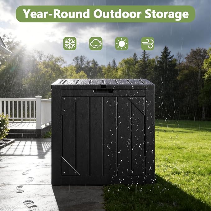 Outdoor Storage Box,30 Gallon Deck Box Outdoor Storage Bench Outside Waterproof Resin Storage Bench, Lockable Patio Cushions, Garden Tools Storage For Furniture, UV Resistant(Black)