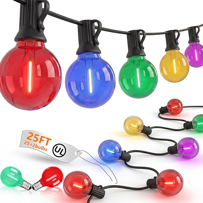 G40 LED Outdoor String Lights，25Ft Globe Multicolor Christmas Decorations String Lights with 27 Shatterproof LED Bulbs, Hanging Outdoor Patio Lights for Outside Backyard Porch Balcony Party- Black