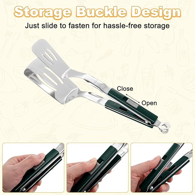 M METERXITY Spatula Tongs, 11.4 Inch 304 Stainless Steel Anti-Scald Multifunctional Flipper Grill Clamp for Cooking/Barbecue, Kitchen Cooking Tongs [Green Handle, Silver Tone]