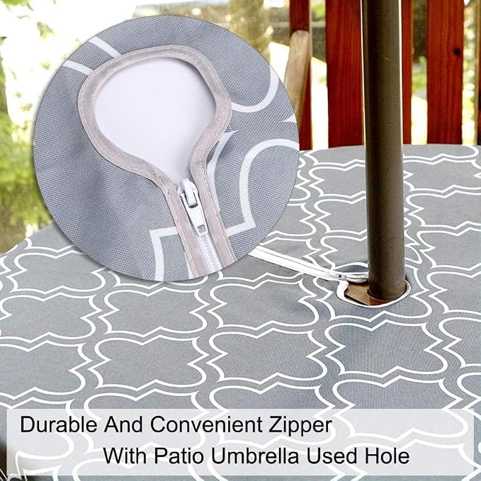 SUQ I OME Outdoor Round Tablecloth, 60 inch, Grey with Zipper | With Umbrella Hole and Zipper, Waterproof Zippered, Spring/Summer Table Covers, For Backyard Circular Table/BBQs/Picnic