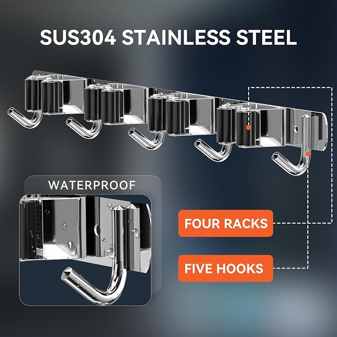 ZONGOOL 2 Pack Mop Broom Holder Wall Mount 4 Racks 5 Hooks Storage Silver | 304 Rustproof Stainless Steel Broom Hanger, Non-Slip Wall Mount Organizer, Space Saving For Kitchen, Laundry, Garden