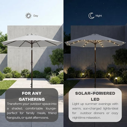 10FT Solar Lighted Patio Umbrella, Outdoor Table Market Umbrellas with Push Button Tilt and Crank, 32 LED Lights, 8 Sturdy Ribs, UV-Resistant for Deck, Garden, Pool