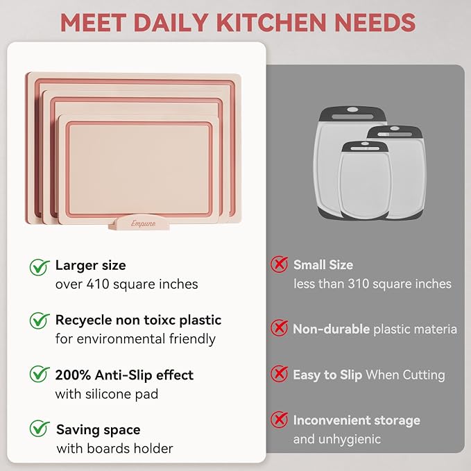 Empune 3-Piece Plastic Cutting Boards for Kitchen - Thick & Non-Slip Chopping Board Set with Juice Grooves, Dishwasher Safe, BPA Free, Includes Large & Small Sizes, Pink