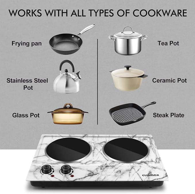 CUSIMAX Hot Plate, 1800W Double Burner Hot Plate for Cooking, White Marble | Portable Infrared Cooktop with Dual Temperature Control/Heat-up in Seconds/Overheating Protectio/Stainless Steel/Easy Cleanup