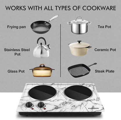 CUSIMAX Hot Plate, 1800W Double Burner Hot Plate for Cooking, White Marble | Portable Infrared Cooktop with Dual Temperature Control/Heat-up in Seconds/Overheating Protectio/Stainless Steel/Easy Cleanup