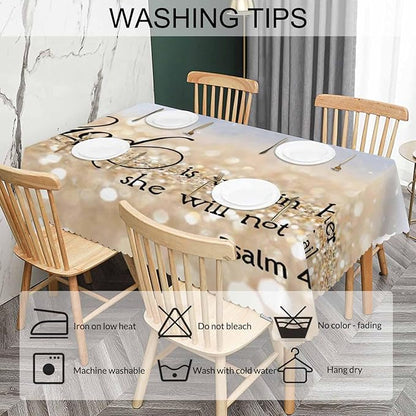 Bible Verse Decorative Table Cover for Kitchen, Oblong Tablecloth God is Within Her She Will Not Fall Dining Table Cloth Tabletop Tablecloths for BBQ Picnic Coffee 52"X70", Gold Sparkle
