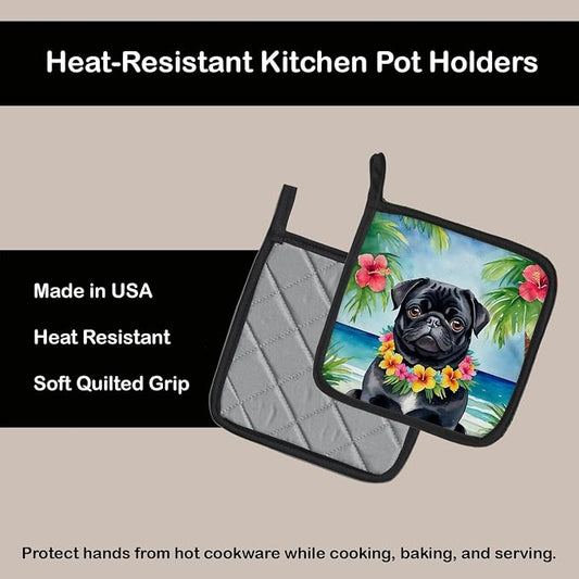 Caroline's Treasures Black Pug Luau Pair of Pot Holders Kitchen Heat Resistant Pot Holders Sets Oven Hot Pads for Cooking Baking BBQ, 7 1/2 x 7 1/2