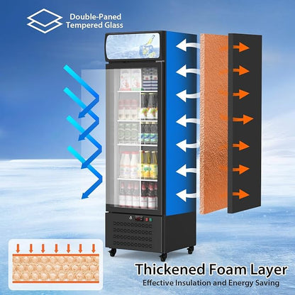 17.6 Cu.Ft Commercial Display Refrigerator,Glass Door Beverage Cooler with Adjustable Shelves,LED Lighting & Advertising Panel, Mobile Design